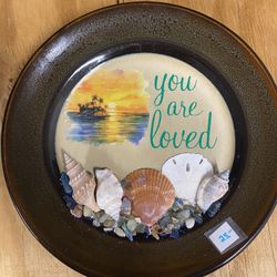 Glass Plate Brown Rim 8.5” Decorated With Seashells 