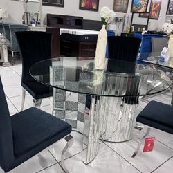 5pc Mirrored Dining Set 🖤 Black Velvet Chairs 