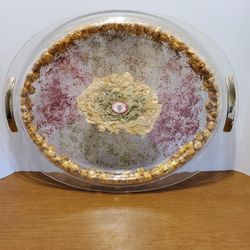 Vintage Pressed Flowers Oval Tray With Handles.  