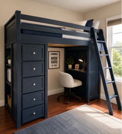 Loft Bed with Desk, 5 drawer, bookcase, mattress and bunkie board