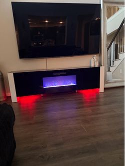Modern TV Stand with Electric Fireplace & LED Lights – Black/White