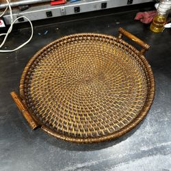 Large Antique Hand Woven Rattan Bamboo Serving Tray Japanese 21” Diameter