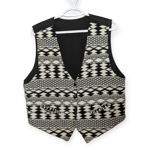 Vintage Black White Aztec Button Front Tie Back Vest Womans Medium Boho