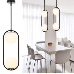 2-Lights Modern Globe Chandelier Mid Century Pendant Light Matte Black Ceiling Hanging Lighting Fixture with White Globe Glass Lampshade for Kitchen I