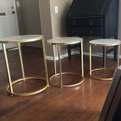Stackable Round White Marble and Metal End Table