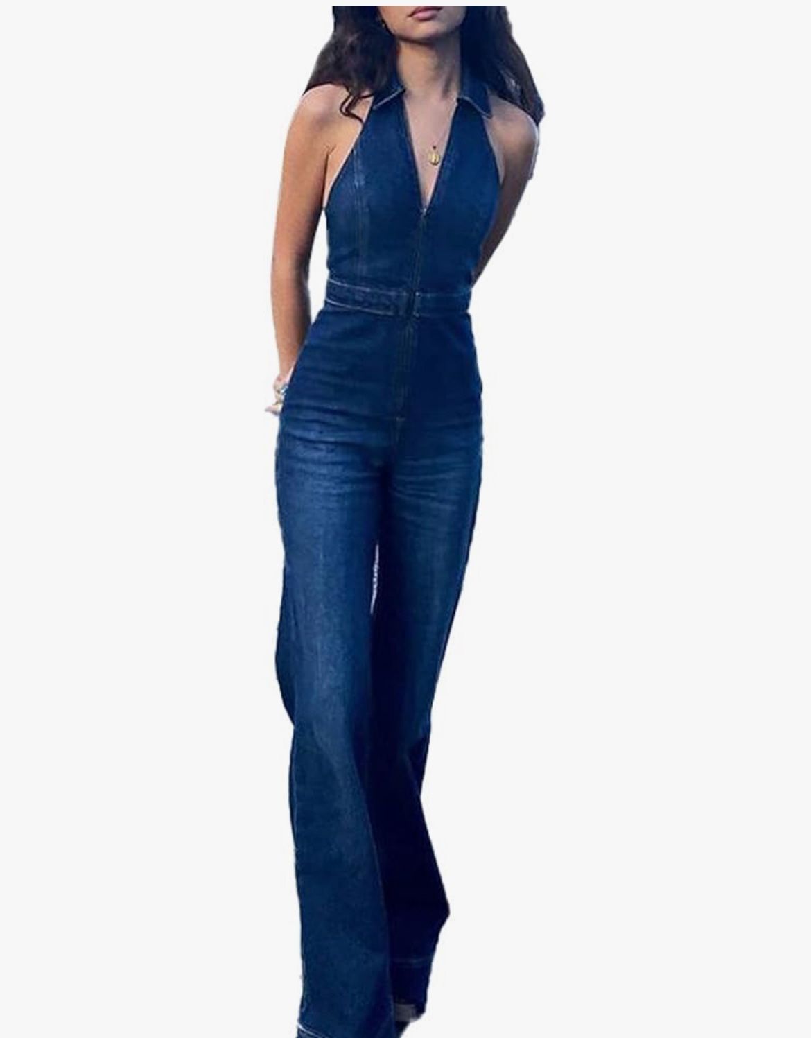 Sexyshine Women's Lapel V Neck Sleeveless Slim Fit One Piece Denim Jumpsuit size small