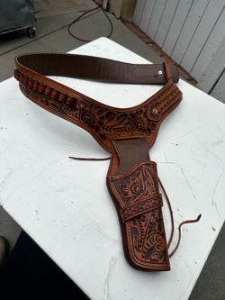 Hand Tooled Leather Western Gun Holster Belt 44” Cowboy Rig Ammo Loops Brown