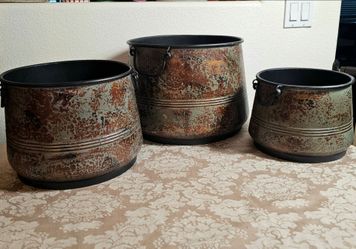 Set of 3 Rustic Brass Metal Planters / Decorative Buckets - BRAND NEW