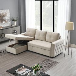 91 in. Beige Velvet Full Size 3-Seat Sofa Bed with Storage