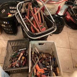 Bucket Full Of Monkey Reaches, Screw Drivers And Pliers
