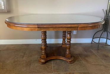 Vintage Oak Oval Dining Table with Turned Legs & Glass Top