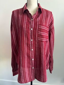 Nicole Miller New York 100% Linen Red Pink Striped Button Front Shirt Blouse Size Large