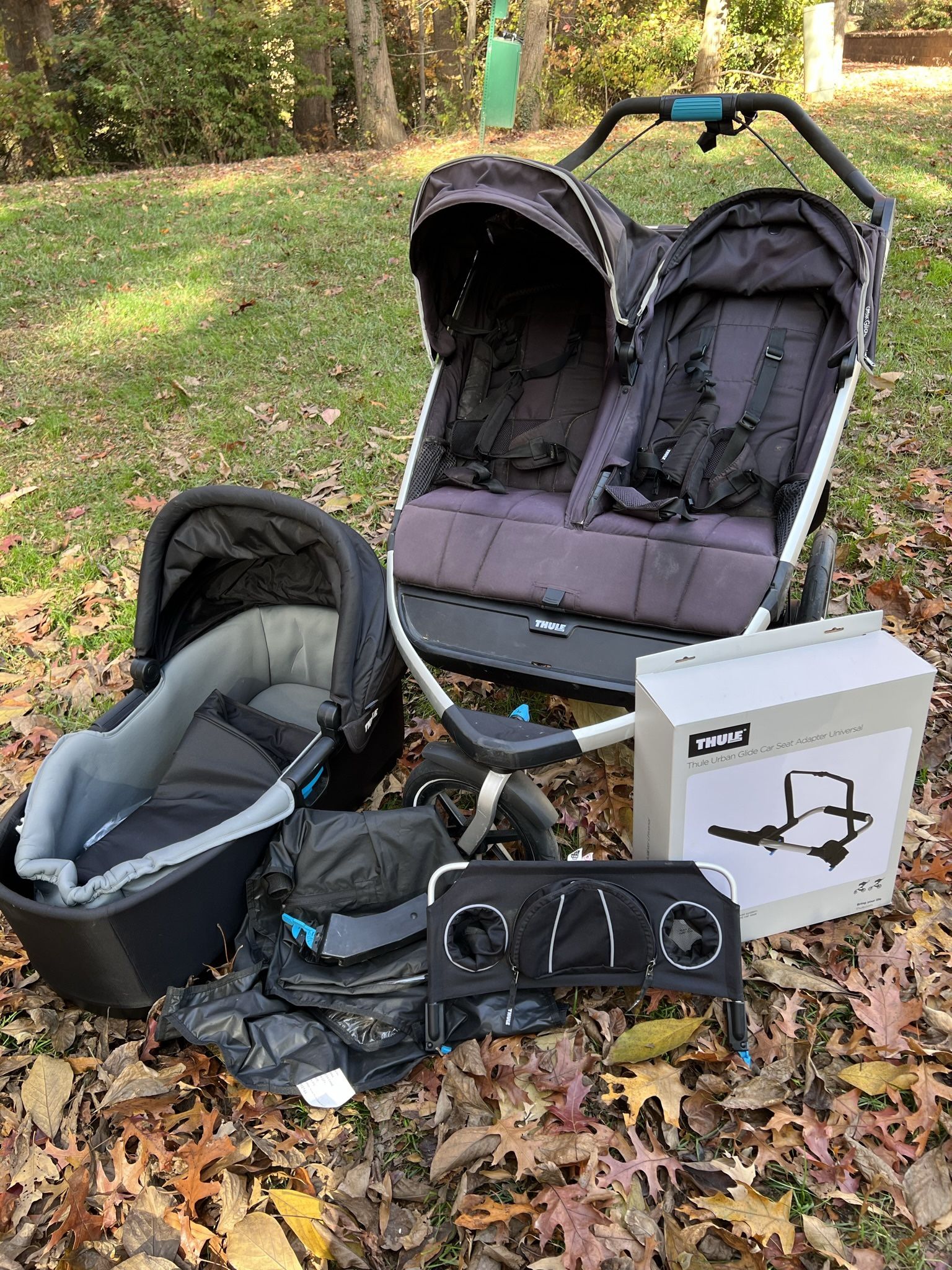 Thule All Terrain Double Stroller with New Bassinet & Accessories