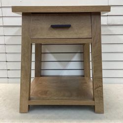 Light Brown Wooden Side Table Dimensions 24” H, 20” W, 20” L Sturdy wooden construction  Single pull out drawer Weight 31 lbs