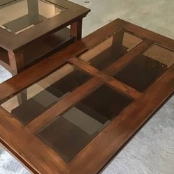 Espresso / Dark Chocolate Wood Coffee Cocktail Table + End Accent Table Glass Panels High Quality