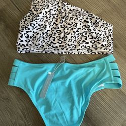 Brand New (tags on) Leopard Print/turquoise Swimsuit - Size M