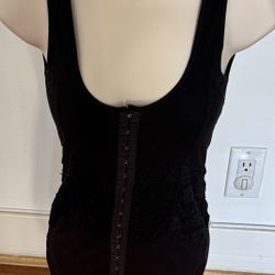 Free People Black Lace Mixed Media Hook and Eye Front Long Tank Top, size S Petite 