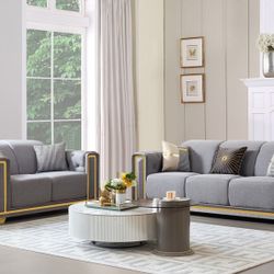 Brand New Gray Linen Or Cream Leather Fabric Modern Sofa + Loveseat With Gold Trimming