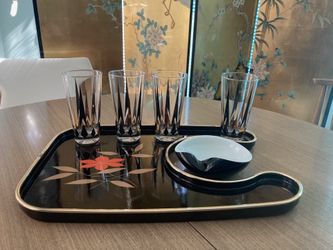 Vintage tray, glasses  and oyster dish.