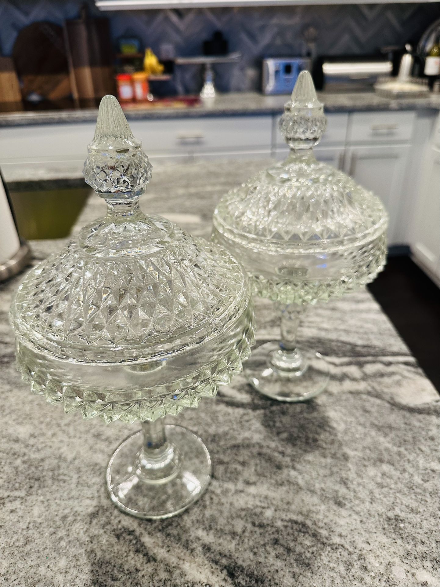 Indiana Glass Diamond Point Clear Glass Pedestal Lidded Compote