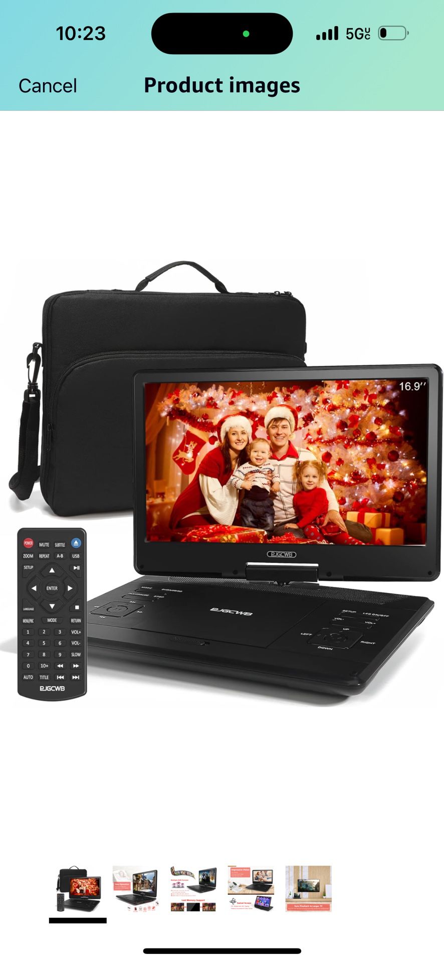16.9" Portable DVD Player with 14.1" Large HD Screen,High Volume Speaker,with Extra Carrying Bag,Supports 4-6 Hours Built-in Batte and USB/SD Card/Syn