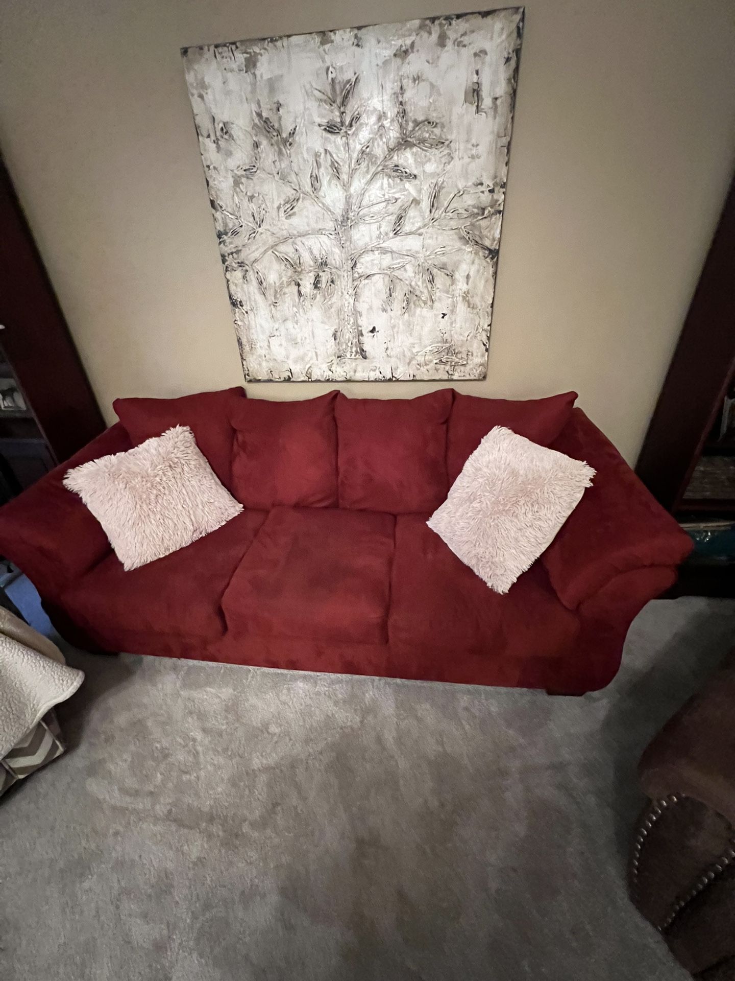 Red Microfiber Comfy Couch, No Stains