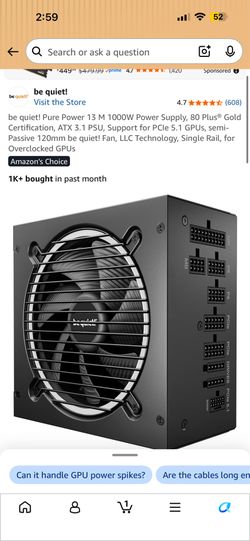 be quiet! Pure Power 13 M 1000W Power Supply, 80 Plus® Gold Certification, ATX 3.1 PSU, Support for PCle 5.1 GPUs, semi-Passive 120mm be quiet! Fan, L