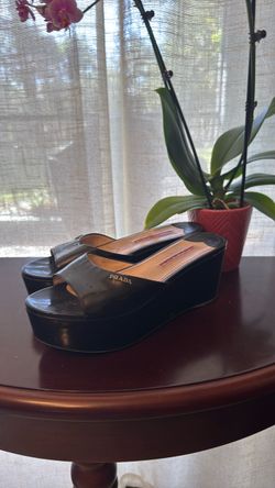 Prada Black Patent Leather Platform Wedge Slides EUR 35