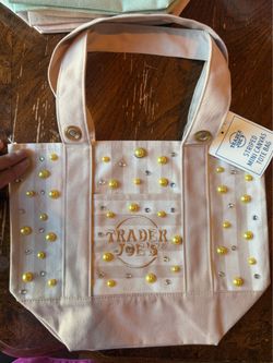 TraderJoe's Beige/CreamCanvas mini Tote,Yellow pearl/rhinestone Accents w/rivets