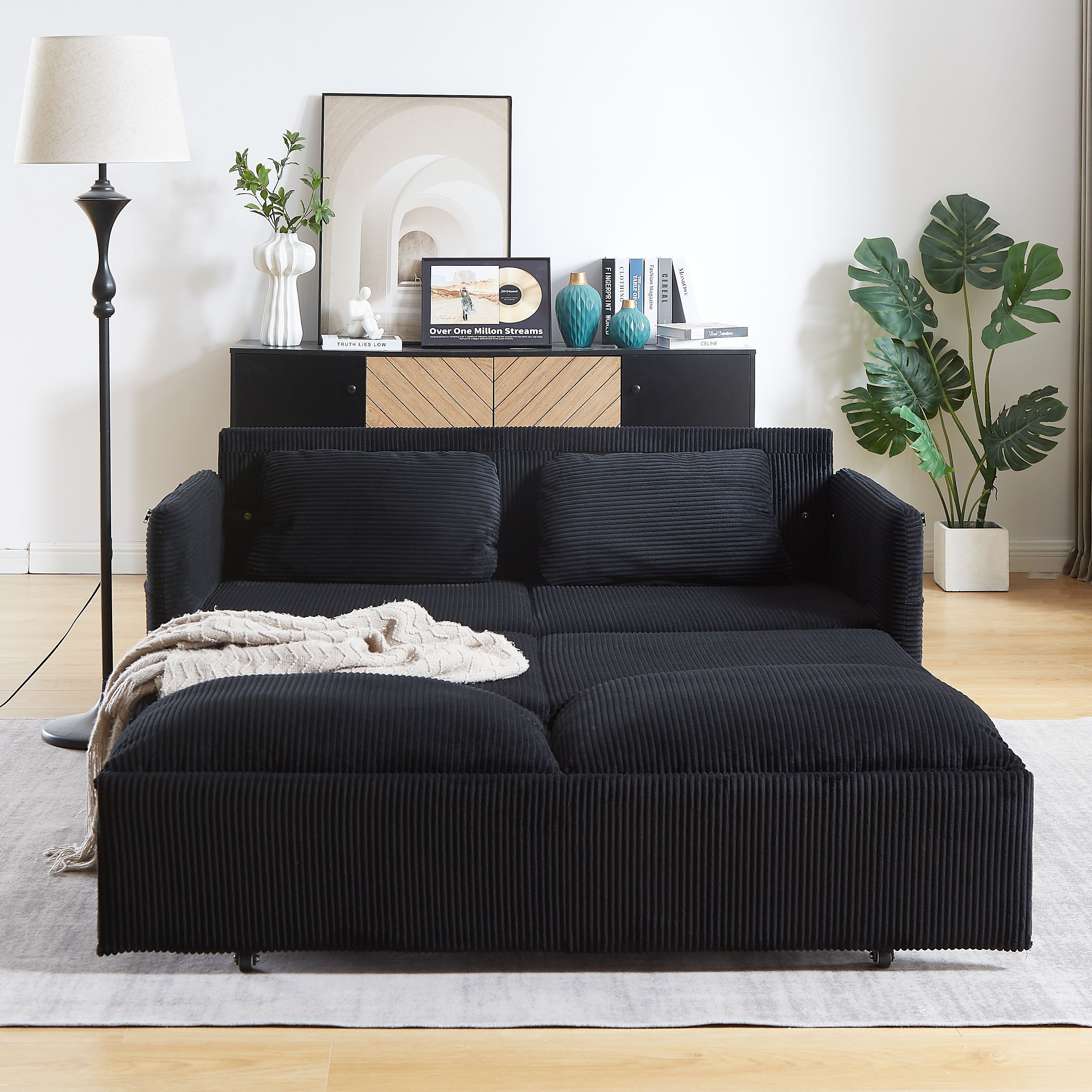 MH'' 64.5 Inch Sleeper Sofa Bed 3 in 1 Adjustable Sleeper with Pullout Bed 2 Pillows and Side Pockets Soft Corduroy Convertible Sleeper Sofa Bed for L