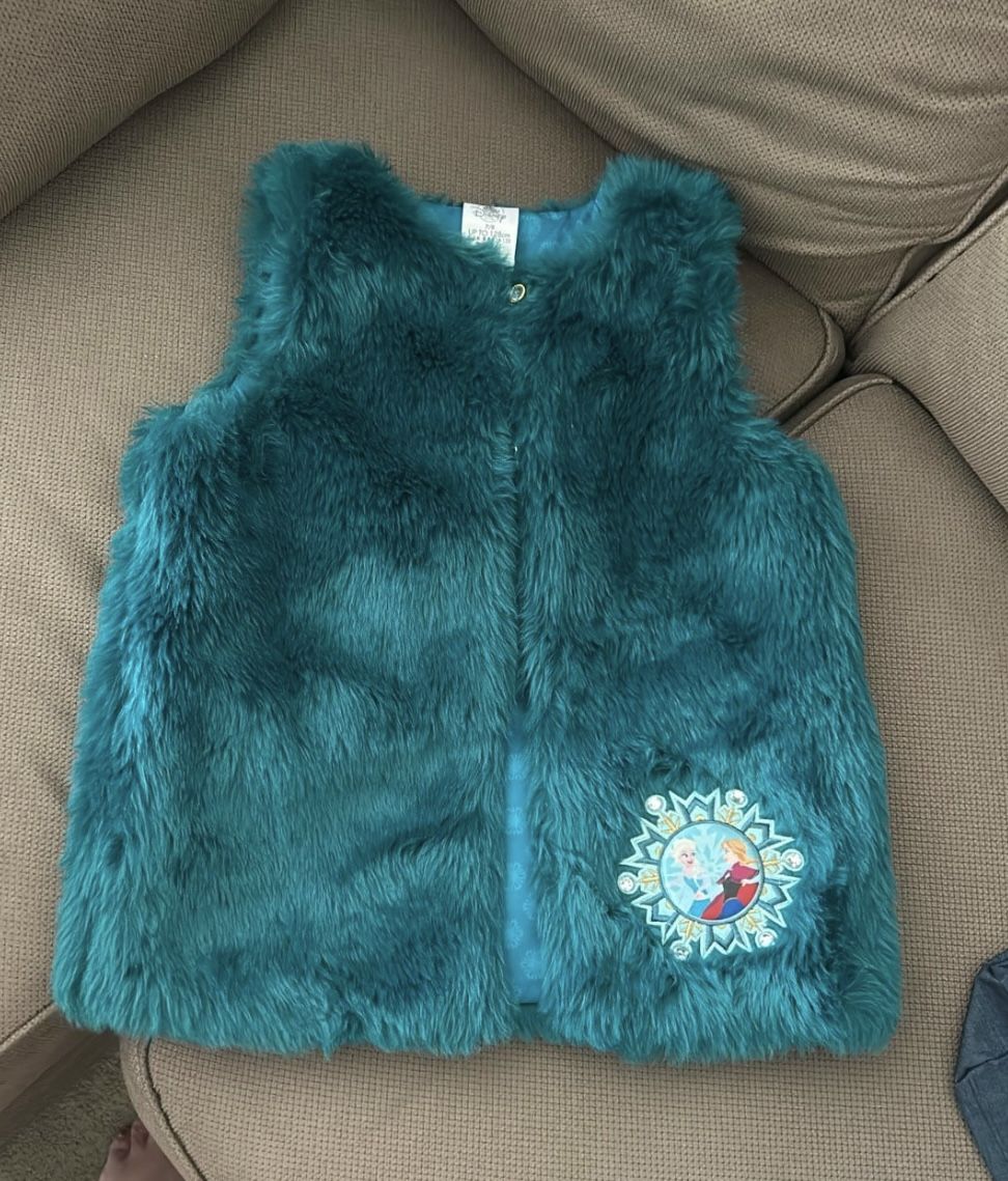 DISNEY STORE Toddler Frozen Faux Fur Vest Teal Green Elsa Anna Snowflakes
