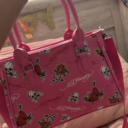 Pink ed hardy lunch tote with rhinestones and thermal lining