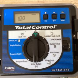 The device shown in the image is an Irritrol Total Control 18-station irrigation controller. This controller is designed for managing sprinkler system
