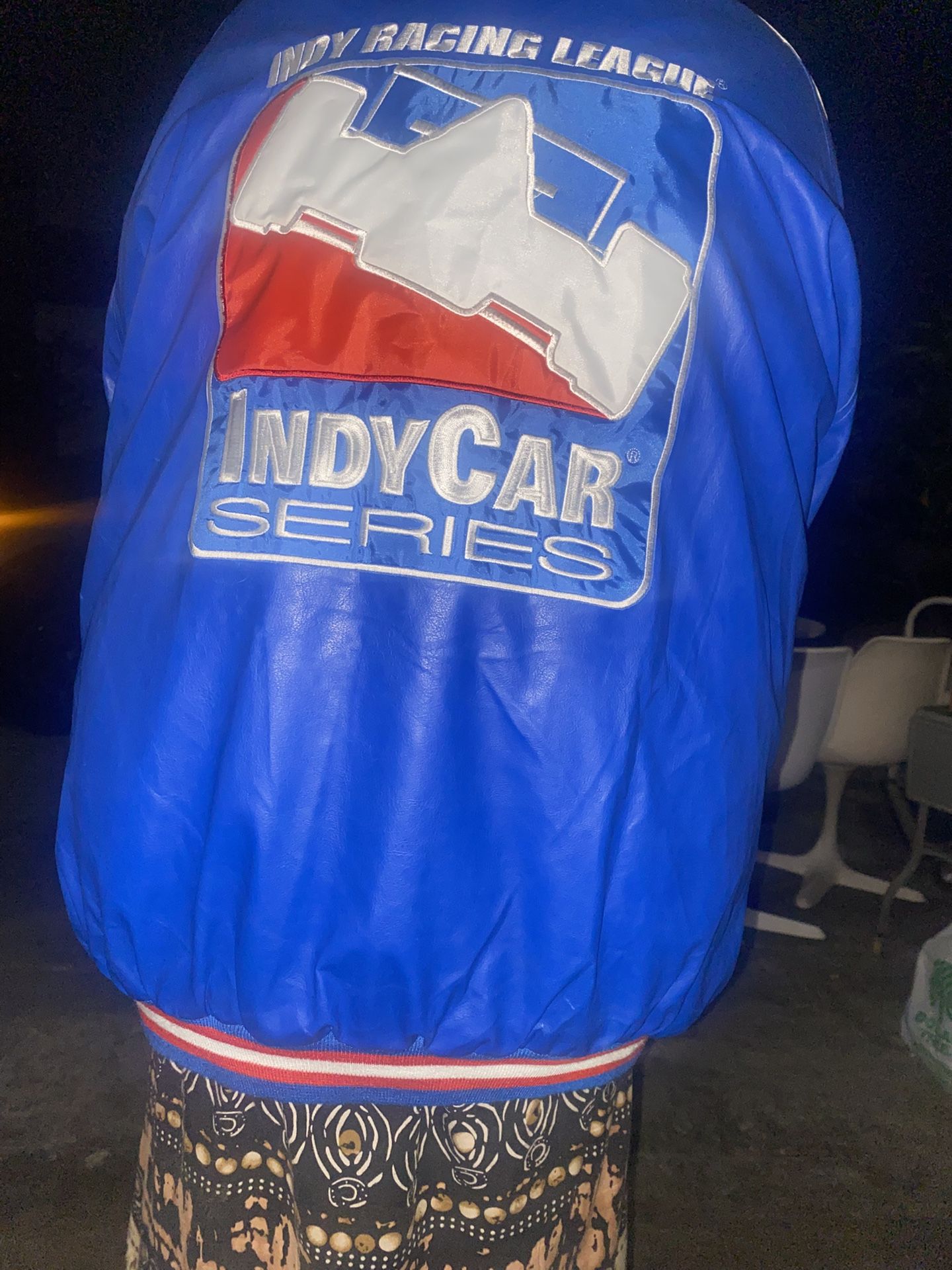 Vintage Indy 500 Racing League Car Series Leather Jacket Mens XL Zip Blue White