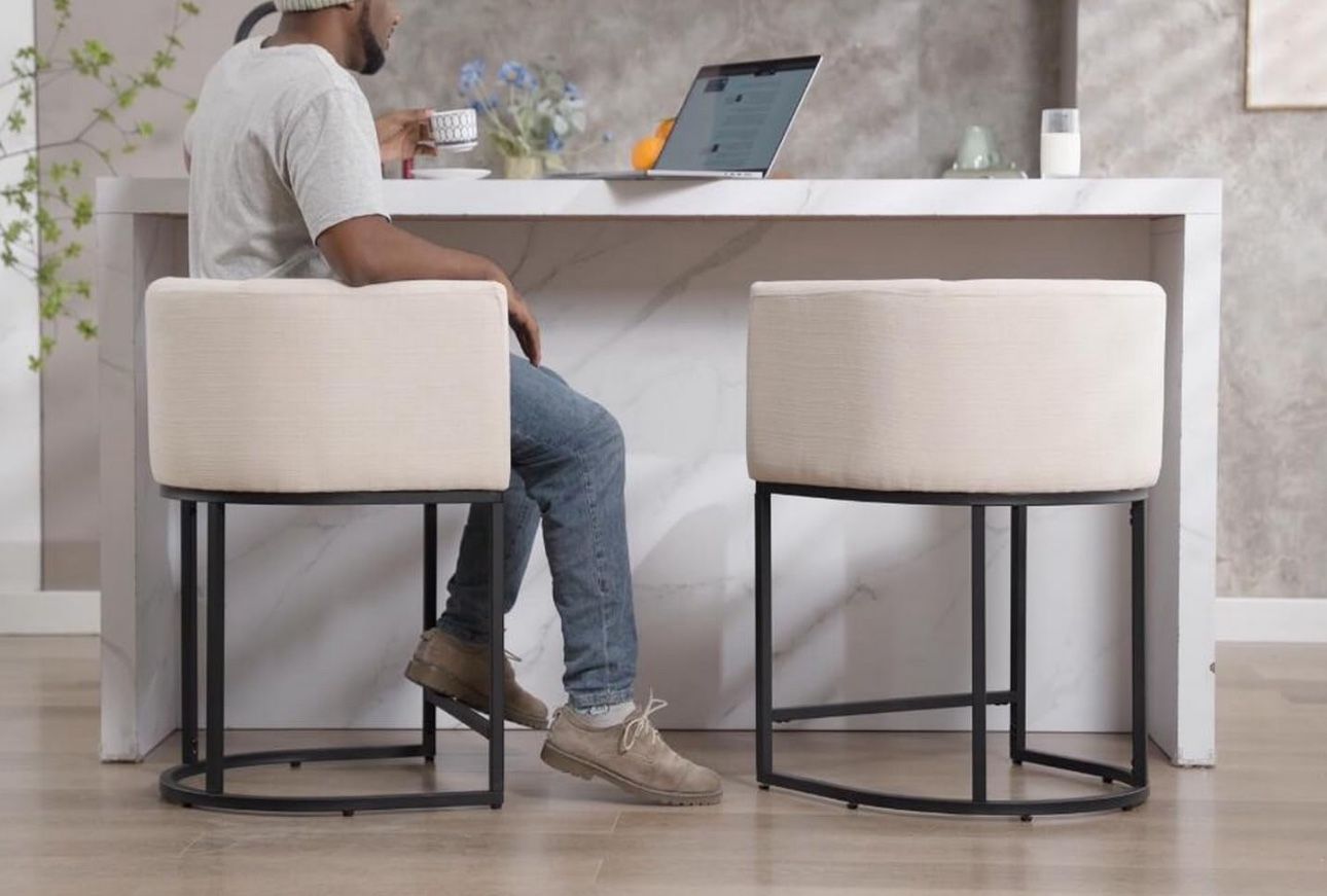 Contemporary Cream Linen Bar Stools -Set of 2