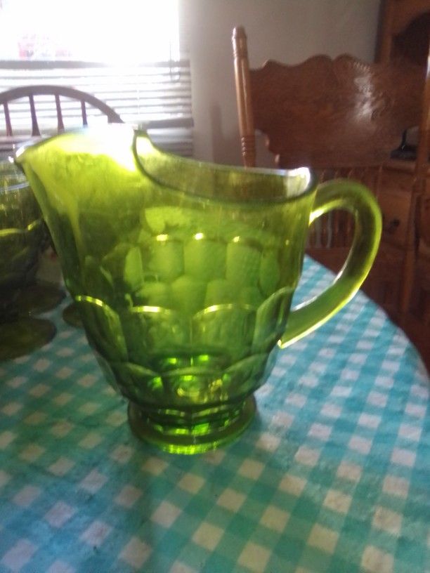 Antique Gree Glass Vintage Set Pitcher Goblets