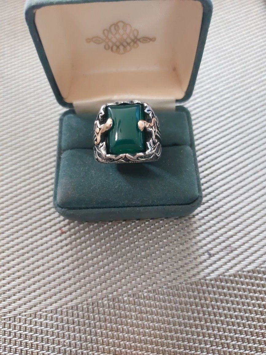 Sterling Silver Men's Green Agate Sword Ring SZ9