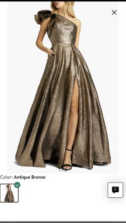 Mac Duggal Crinkle Metallic Ruffle One Shoulder Gown Size 6. Antique Bronze Color