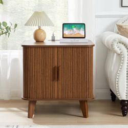 24" Large Square End Table with Charging Station, Farmhouse Fluted Sofa Side Table with Sliding Tambour Door & Storage, Curved Rustic Wood Nightstand 