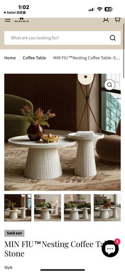 win2win Nesting Coffee Table Set of 2, Modern Fluted Coffee Table with Faux Stone Veneer, Travertine Round Tea Table and End Table Set, Minimalist Cen