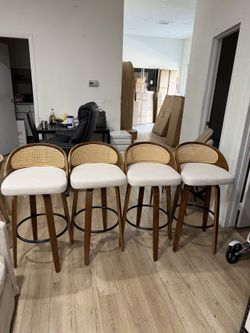 30" Swivel Rattan Bar Stools Set of 6，Mid-Century Modern Beige Linen Fabric Upholstered Counter Height Stools,Kitchen Island Barstools with Rattan Low