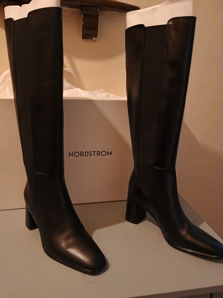 Black Leather Chelsea Knee High Boots, Stacked Heel, New in Box, Size 8