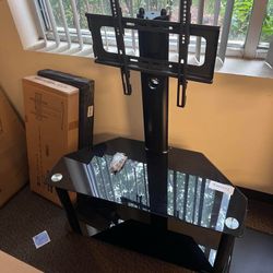 Swivel Universal Corner TV Floor Stand with 2 Tier Storage Tempered Glass Shelves and Height Adjustable Entertainment Stand for 32-55 inch Flat or Cur