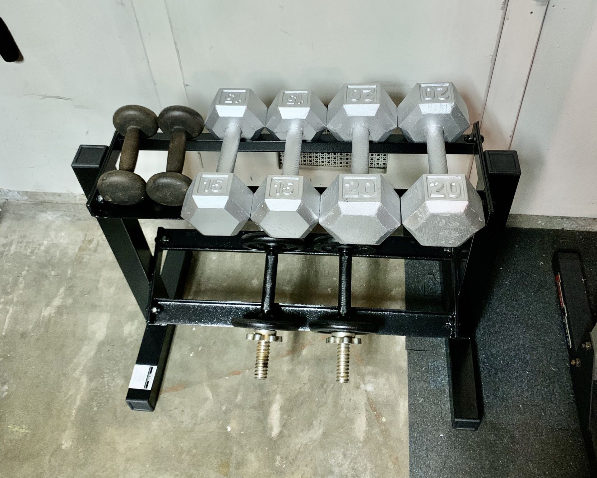 Dumbbells and rack. 5lb, 10lb, 15lb, and 20lb pairs