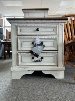 Ashley Furniture 3 drawer farmhouse style dresser with built in outlets   27 x 17 x 28 h