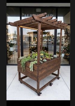 Handcrafted Wood Plant Display Cart w/ Pergola Top (36x48x76)