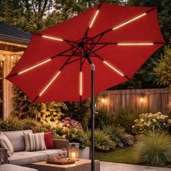 New In Box 9 Feet Tilt Crank Outdoor Patio Umbrella With Solar LED Strip Light Red Or Navy Blue Stand Is Not Included 