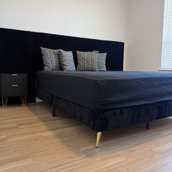 Velvet Platform Bed + Hybrid Mattress + Nightstands