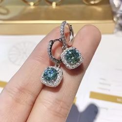 Sterling Silver 1CT Blue Green Moissanite Dangle Earrings 14K White Gold