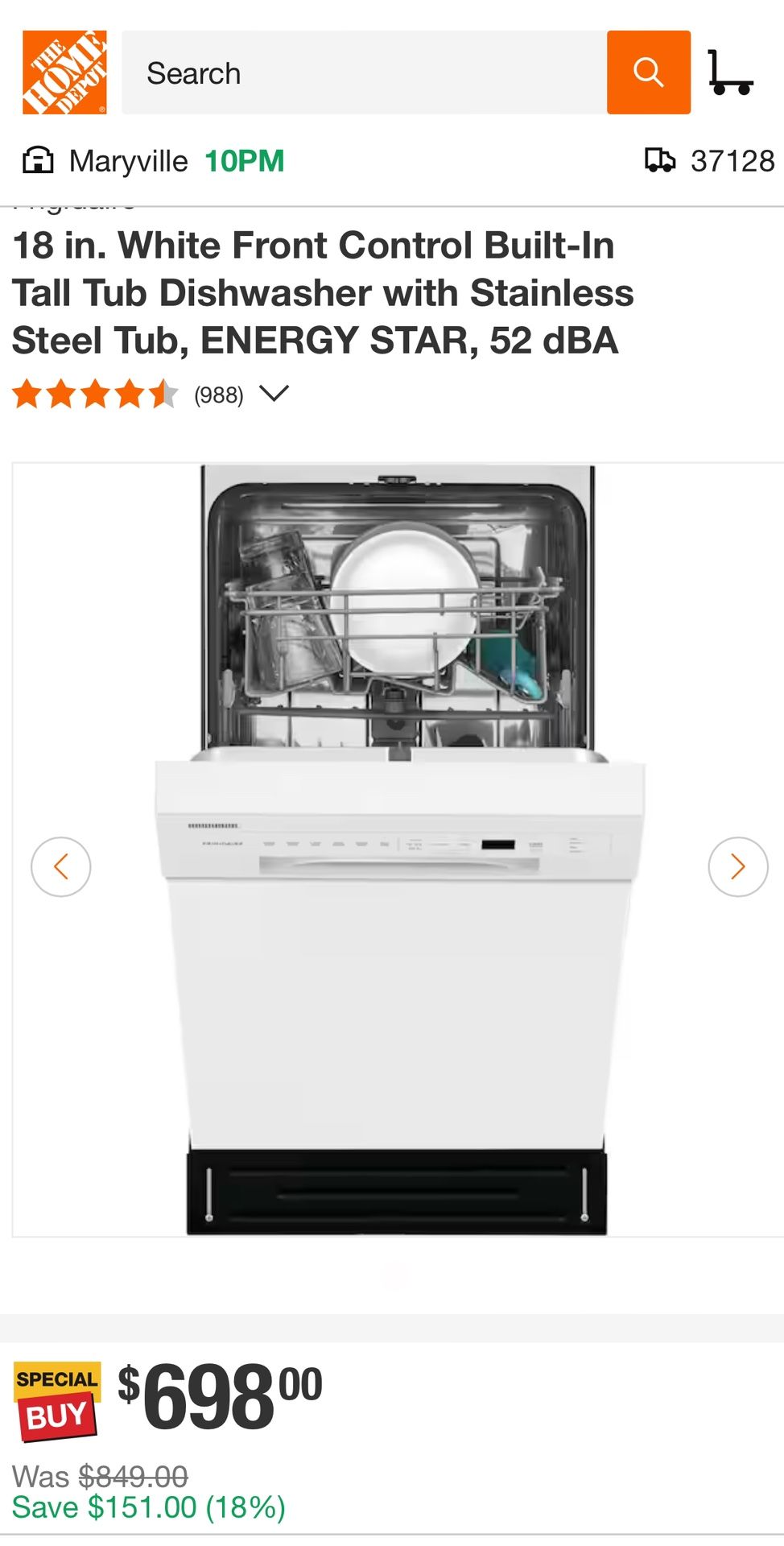 18 in. White Front Control Built-In Tall Tub Dishwasher with Stainless Steel Tub, ENERGY STAR, 52 dBA Brand New in the Box